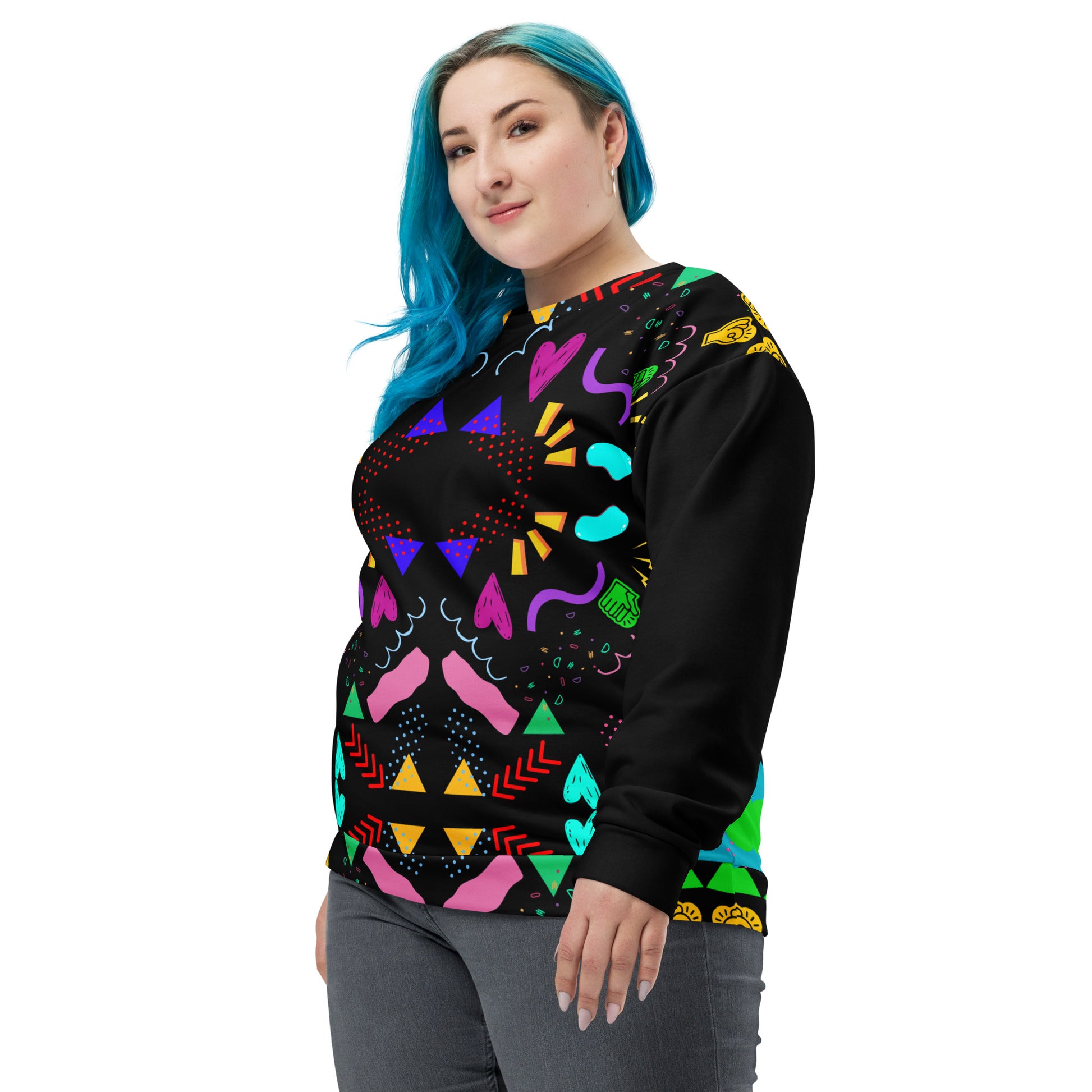 Colorful 80s-inspired recycled unisex sweatshirt with Memphis abstract pattern by Hipyfi Clothes & Design. left-front
