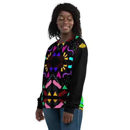Colorful 80s-inspired recycled unisex sweatshirt with Memphis abstract pattern by Hipyfi Clothes & Design. left-front-2