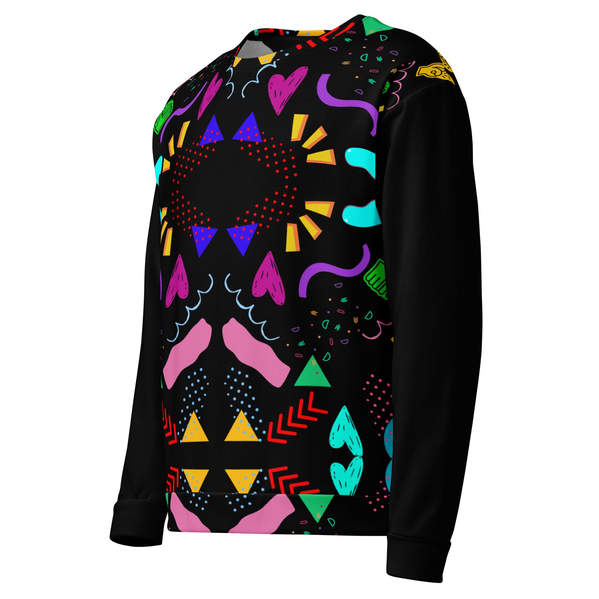 Colorful 80s-inspired recycled unisex sweatshirt with Memphis abstract pattern by Hipyfi Clothes & Design. left-front-7