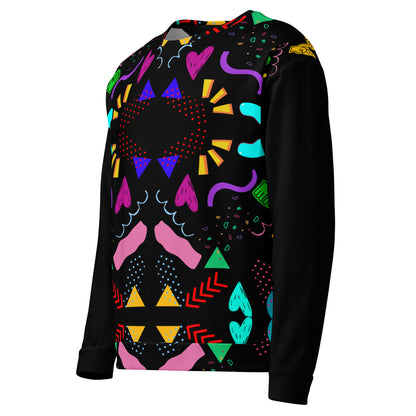 Colorful 80s-inspired recycled unisex sweatshirt with Memphis abstract pattern by Hipyfi Clothes & Design. left-front-7
