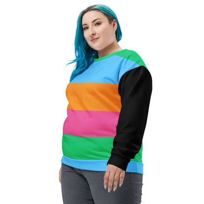 Hipyfi Eco Stripe Recycled Unisex Sweatshirt with bold color block design in sky blue, orange, hot pink, and emerald green, featuring black sleeves and sustainable fabric. left-front-4