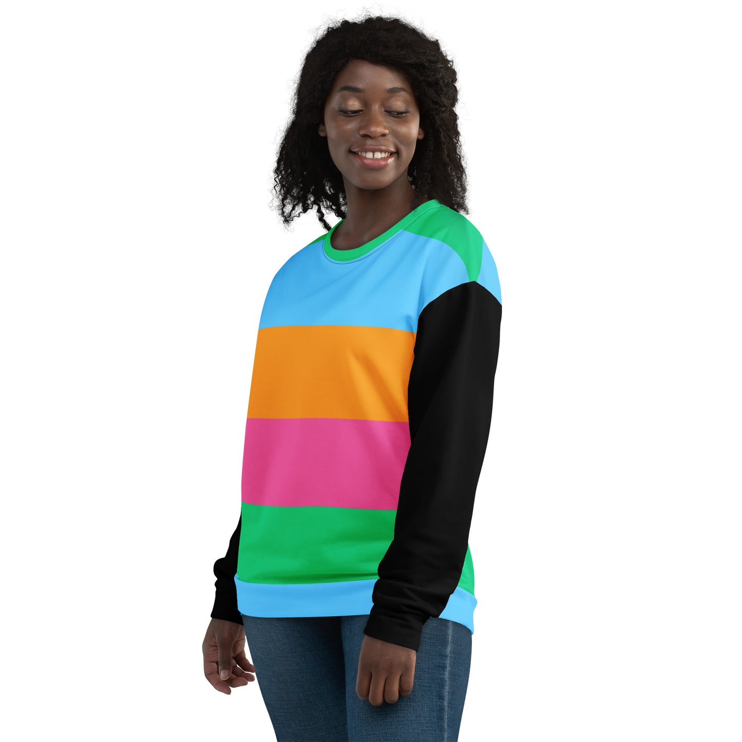 Hipyfi Eco Stripe Recycled Unisex Sweatshirt with bold color block design in sky blue, orange, hot pink, and emerald green, featuring black sleeves and sustainable fabric. left-front-6