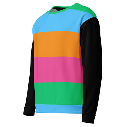 Hipyfi Eco Stripe Recycled Unisex Sweatshirt with bold color block design in sky blue, orange, hot pink, and emerald green, featuring black sleeves and sustainable fabric. left-front-7