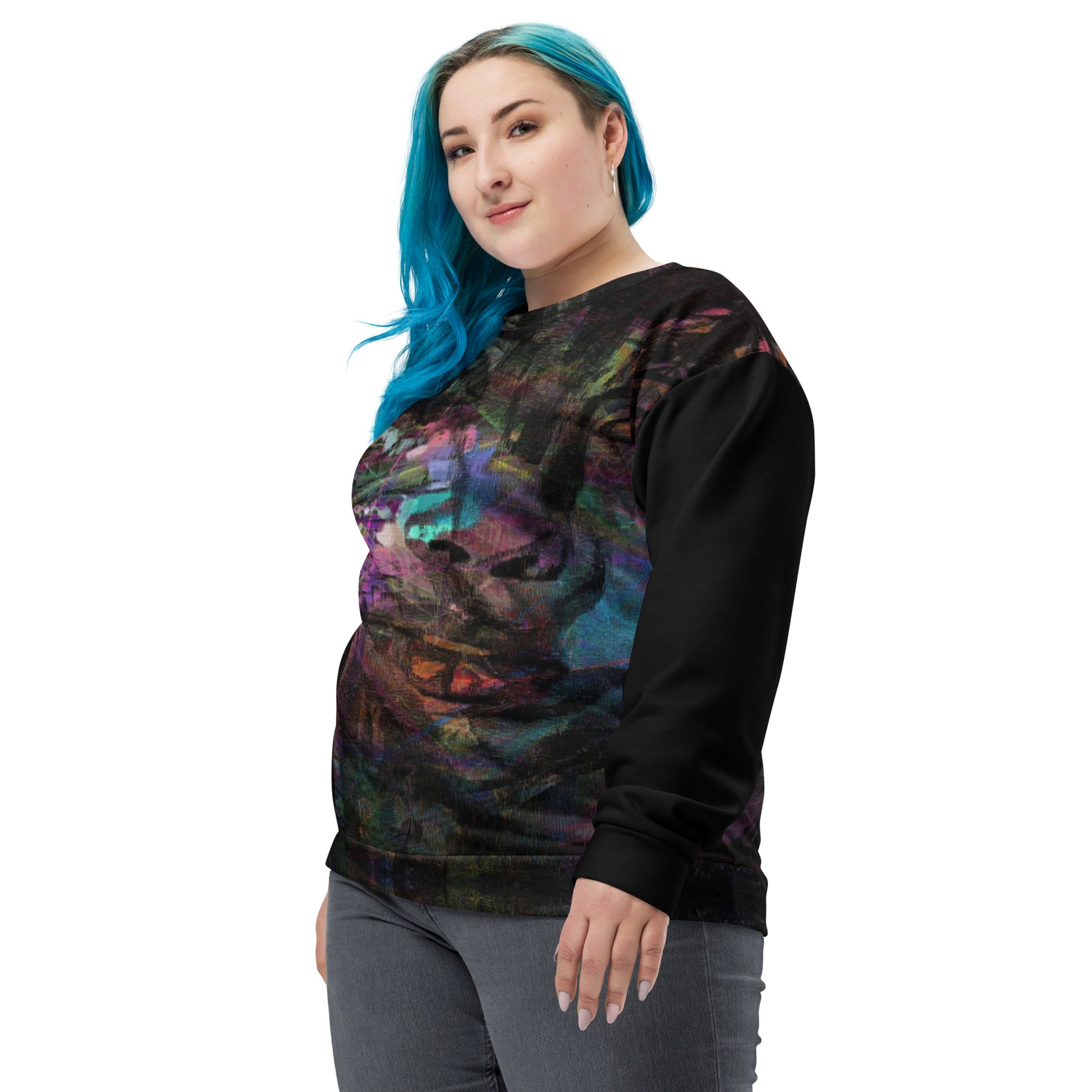 Chromatic Dreams Unisex Eco Sweatshirt by Hipyfi – sustainable recycled fabric with vibrant abstract graphic print in bold colors. left-front