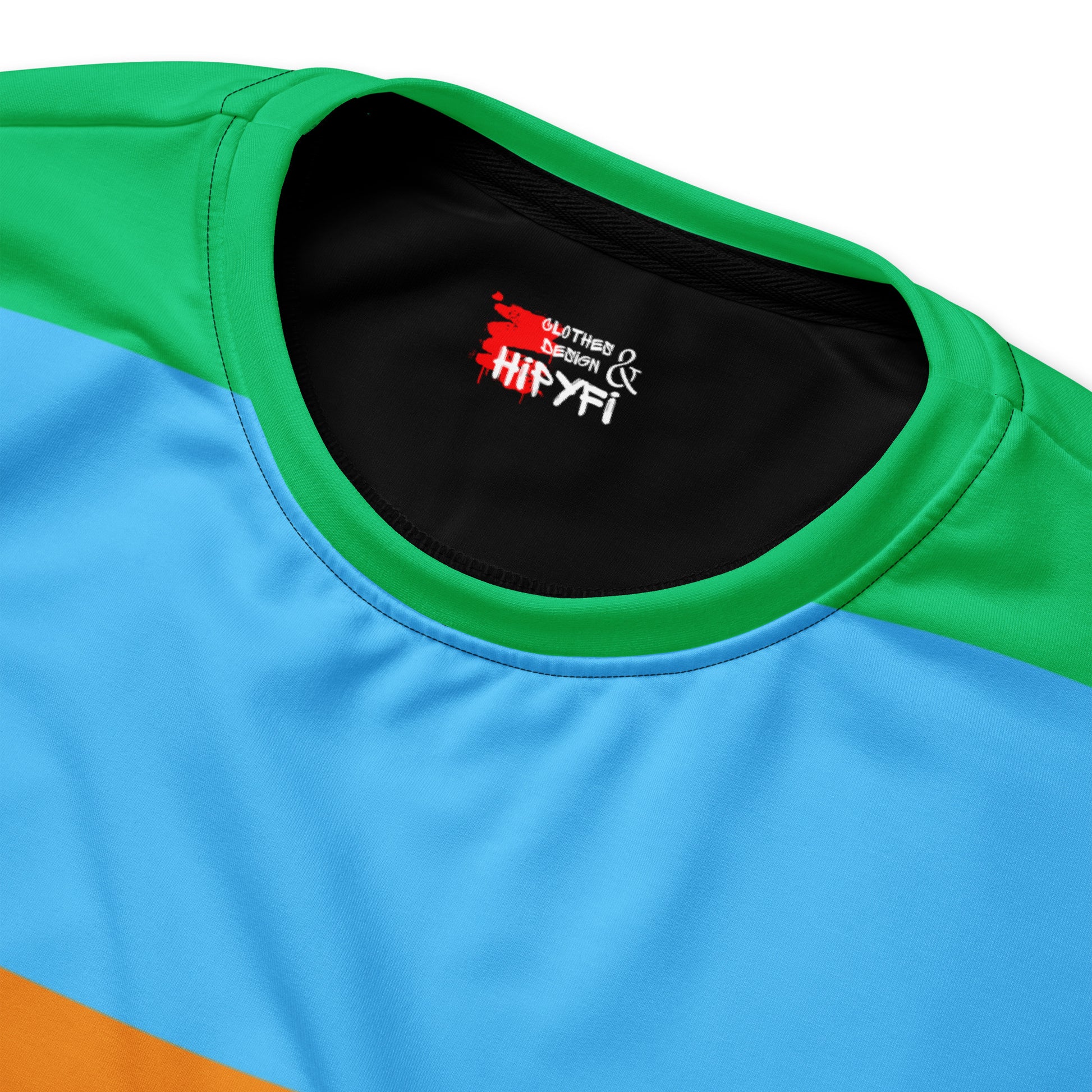 Hipyfi Eco Stripe Recycled Unisex Sweatshirt with bold color block design in sky blue, orange, hot pink, and emerald green, featuring black sleeves and sustainable fabric. product-details-2