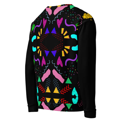 Colorful 80s-inspired recycled unisex sweatshirt with Memphis abstract pattern by Hipyfi Clothes & Design. right-back-7