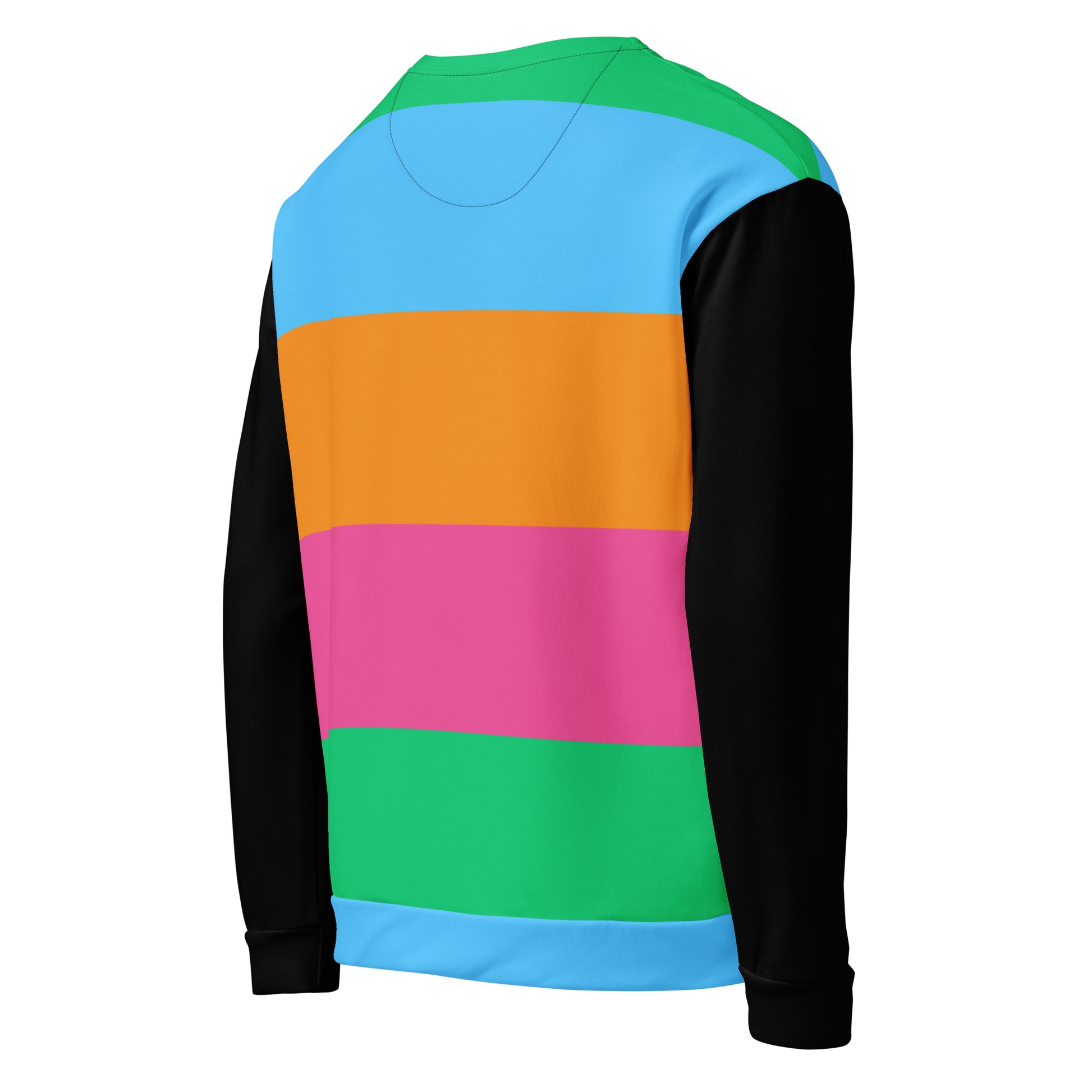 Hipyfi Eco Stripe Recycled Unisex Sweatshirt with bold color block design in sky blue, orange, hot pink, and emerald green, featuring black sleeves and sustainable fabric. right-back-7