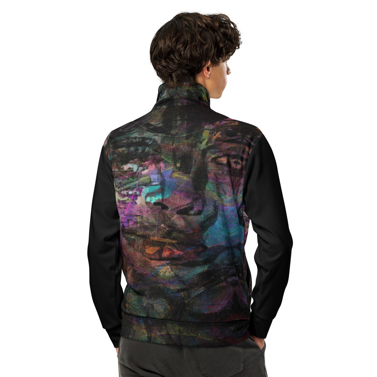 Hipyfi Chromatic Dreams Recycled Unisex Track Jacket with vibrant abstract art print, eco-friendly brushed fleece interior, and premium-quality zippers. back