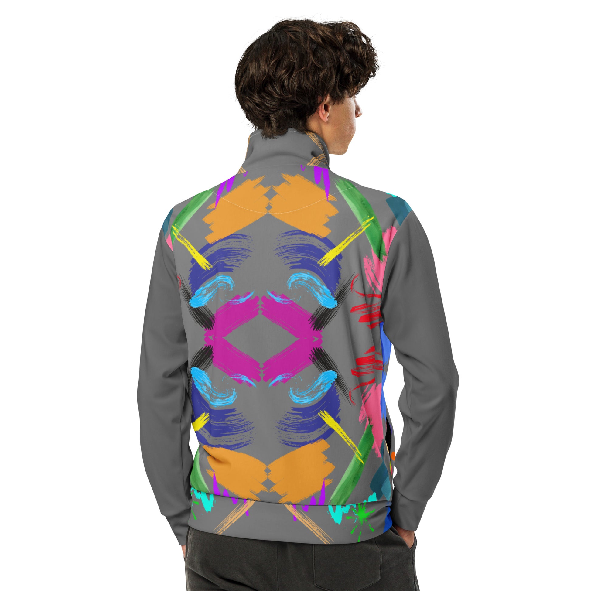 Hipyfi Recycled Unisex Track Jacket with vibrant artistic design, eco-friendly streetwear made from recycled polyester. back-2