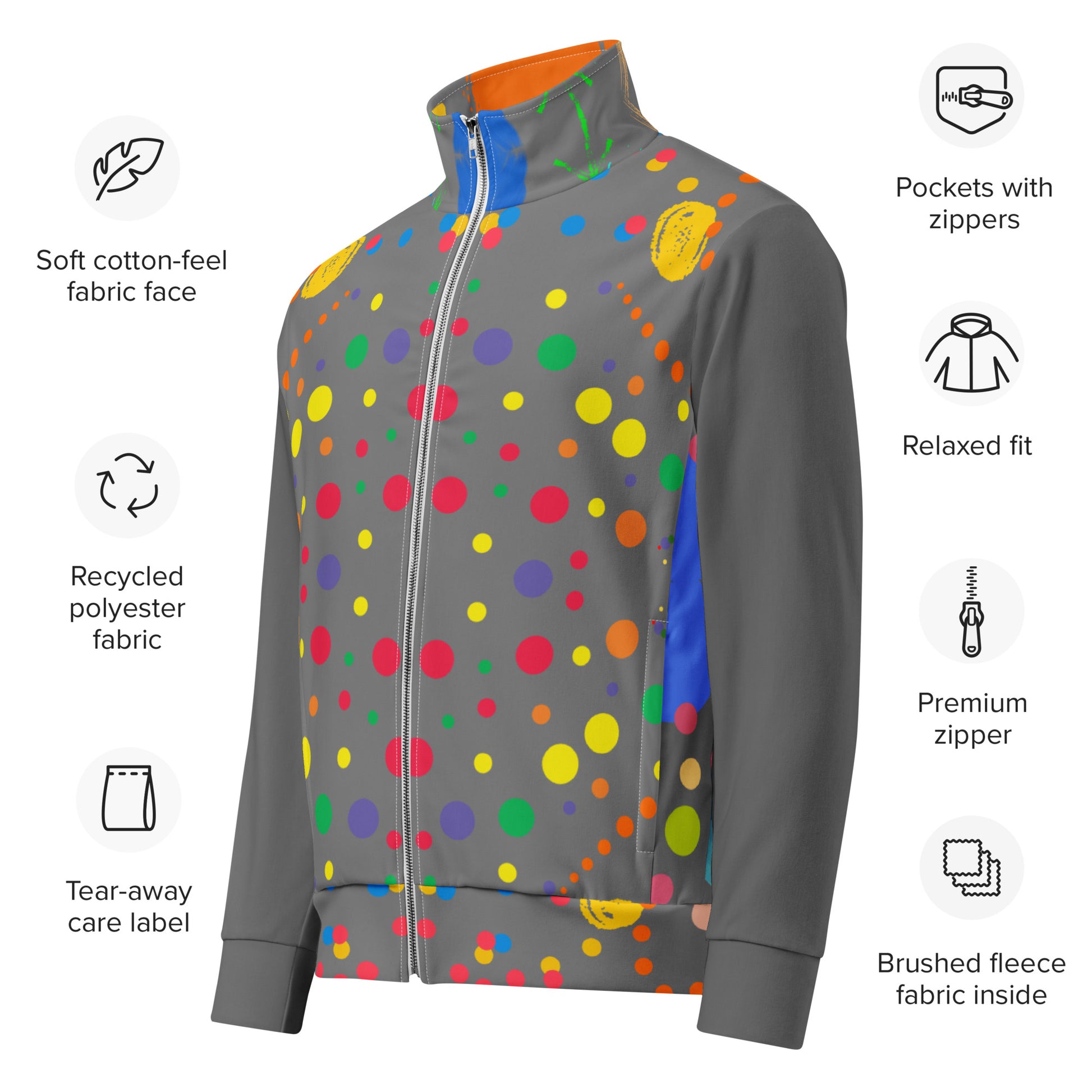 Hipyfi Recycled Unisex Track Jacket with vibrant artistic design, eco-friendly streetwear made from recycled polyester. Product-info