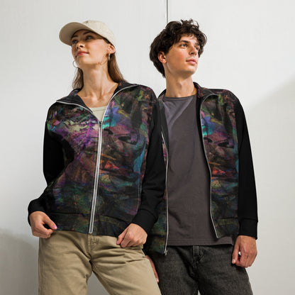 Hipyfi Chromatic Dreams Recycled Unisex Track Jacket with vibrant abstract art print, eco-friendly brushed fleece interior, and premium-quality zippers. front