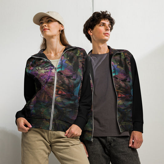 Hipyfi Chromatic Dreams Recycled Unisex Track Jacket with vibrant abstract art print, eco-friendly brushed fleece interior, and premium-quality zippers. front