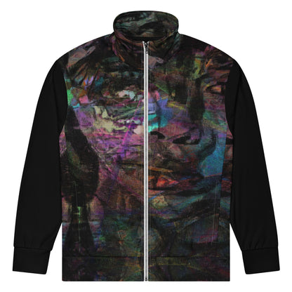 Hipyfi Chromatic Dreams Recycled Unisex Track Jacket with vibrant abstract art print, eco-friendly brushed fleece interior, and premium-quality zippers. front-6