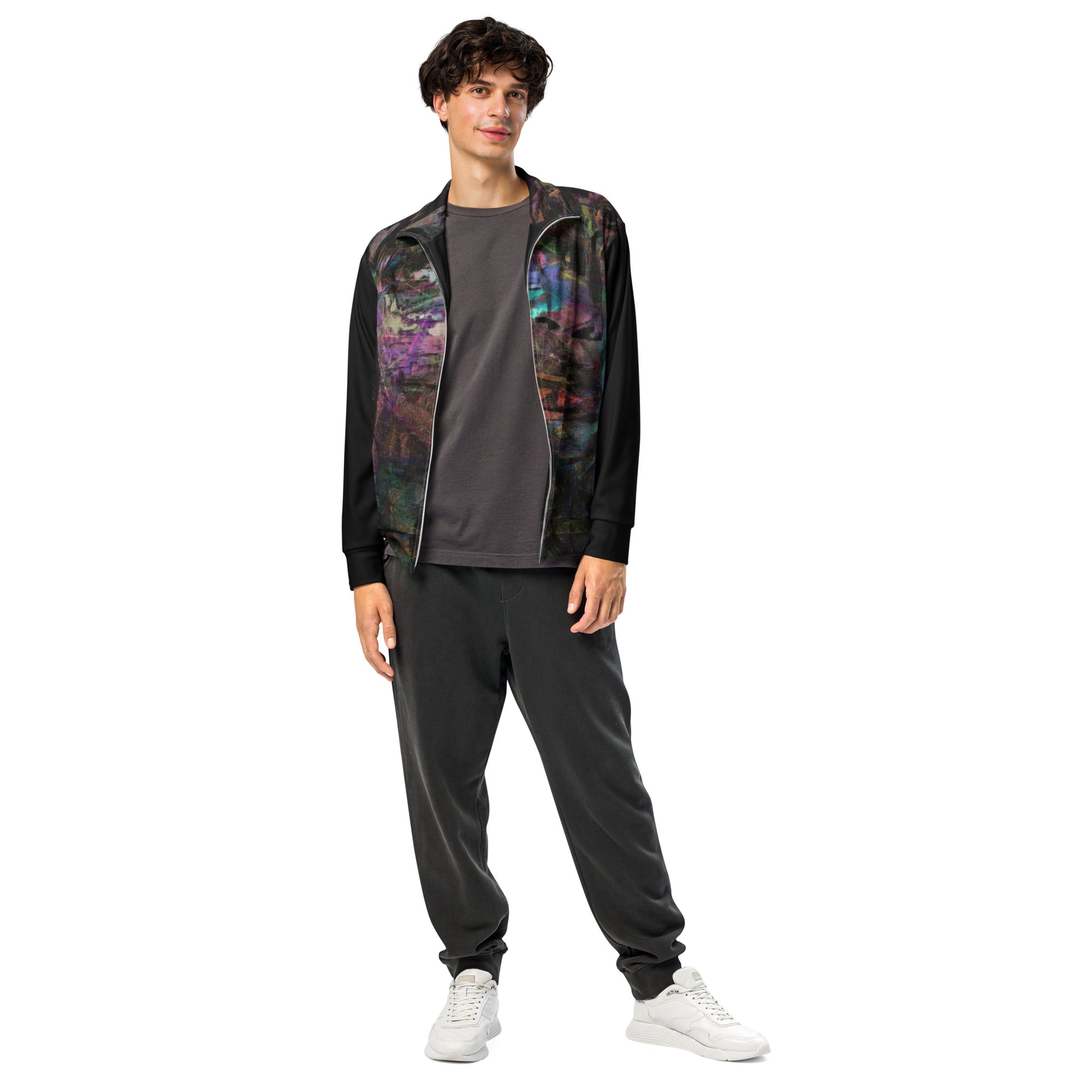 Hipyfi Chromatic Dreams Recycled Unisex Track Jacket with vibrant abstract art print, eco-friendly brushed fleece interior, and premium-quality zippers. front-2