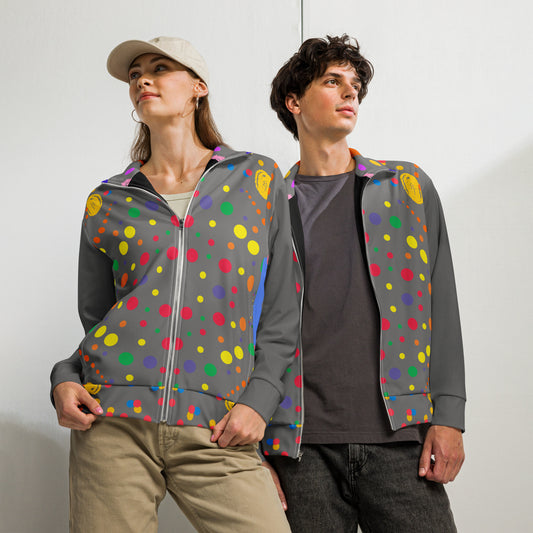 Hipyfi Recycled Unisex Track Jacket with vibrant artistic design, eco-friendly streetwear made from recycled polyester. front