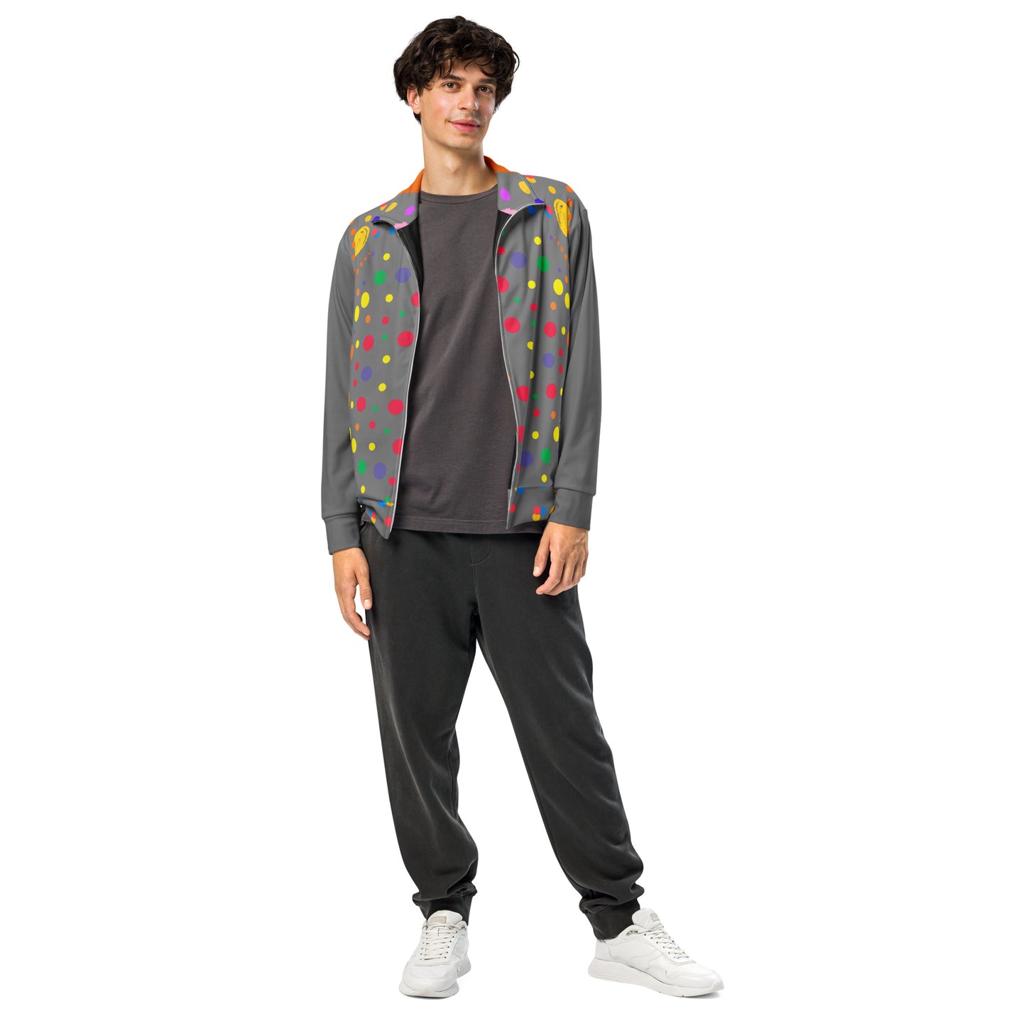 Hipyfi Recycled Unisex Track Jacket with vibrant artistic design, eco-friendly streetwear made from recycled polyester. front-2
