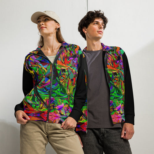 Neon Mythos recycled unisex track jacket with vibrant abstract art print by Hipyfi – colorful eco-friendly streetwear Front