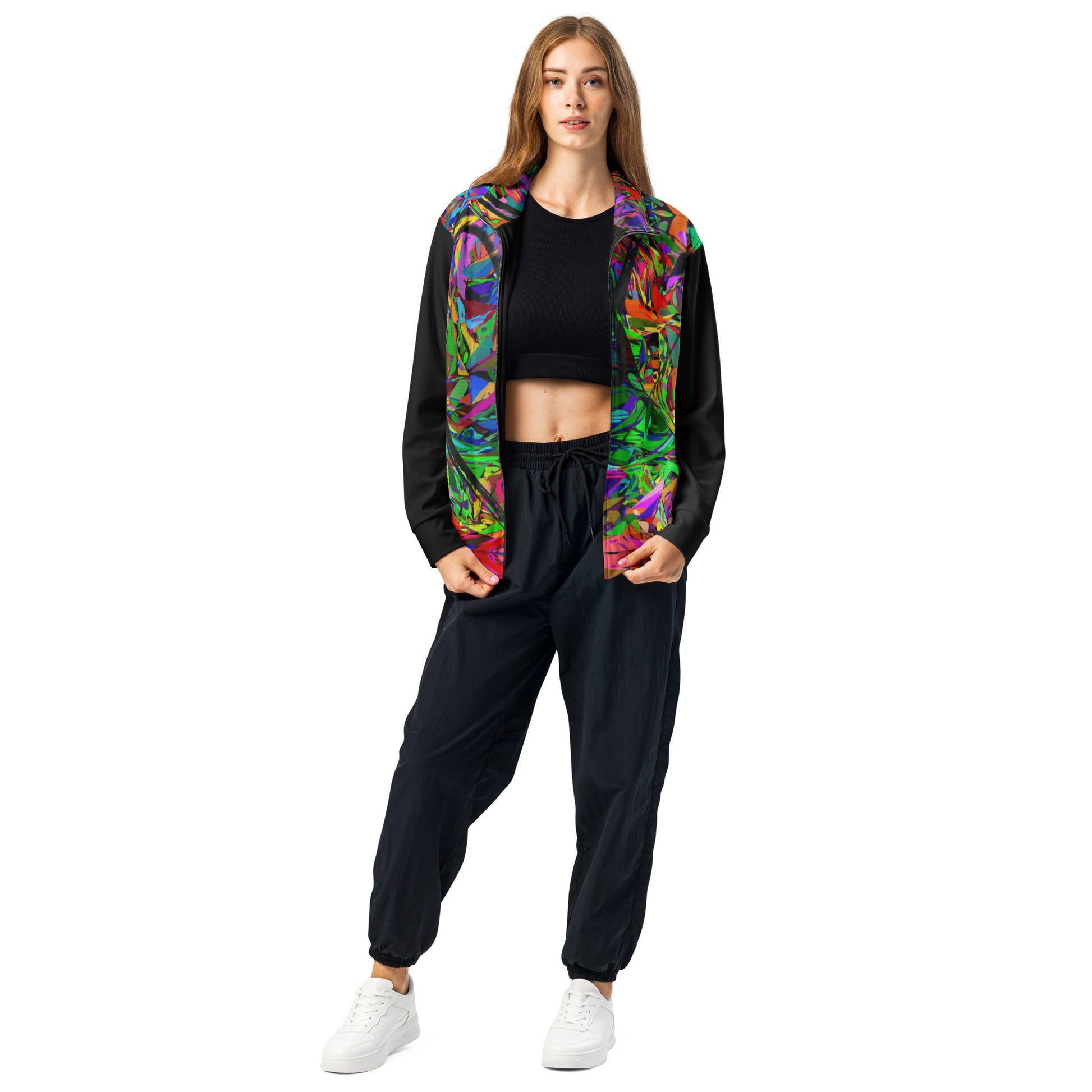 Neon Mythos recycled unisex track jacket with vibrant abstract art print by Hipyfi – colorful eco-friendly streetwear Front-2