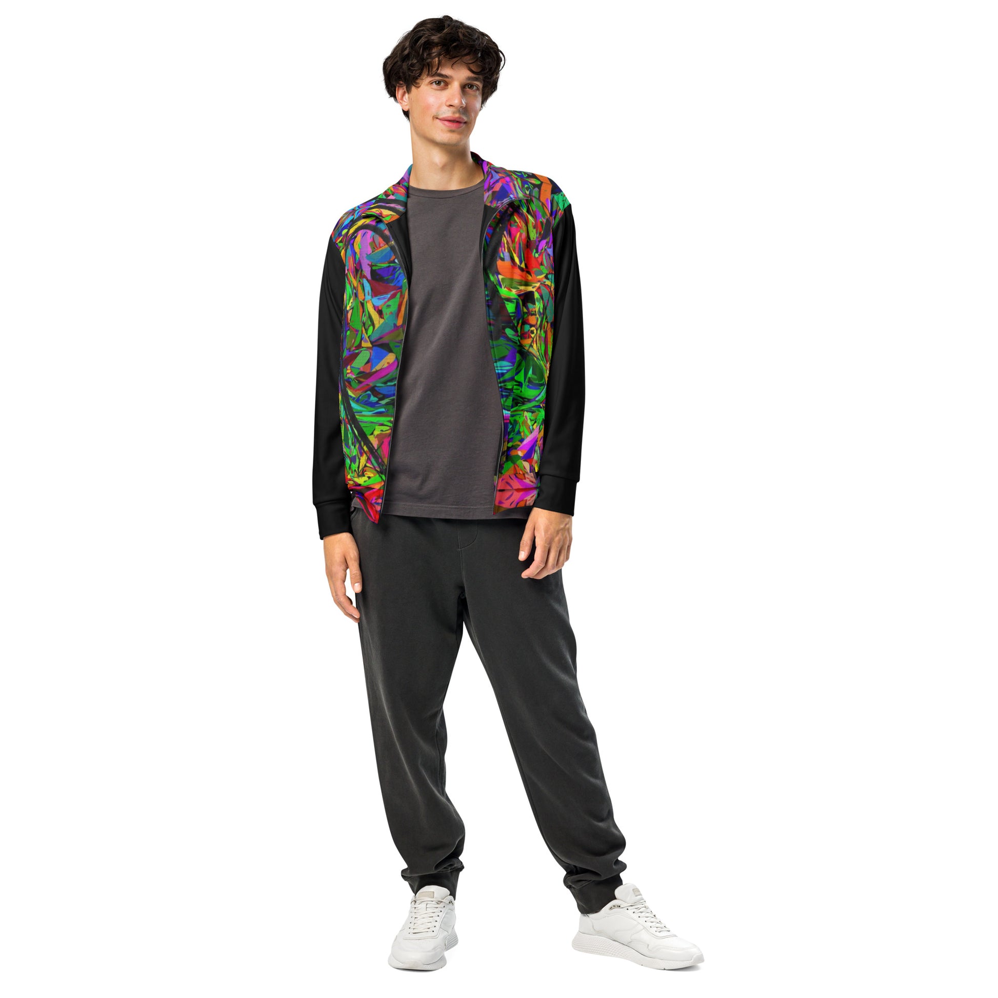 Neon Mythos recycled unisex track jacket with vibrant abstract art print by Hipyfi – colorful eco-friendly streetwear Front-3