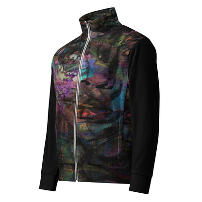 Hipyfi Chromatic Dreams Recycled Unisex Track Jacket with vibrant abstract art print, eco-friendly brushed fleece interior, and premium-quality zippers. left-front