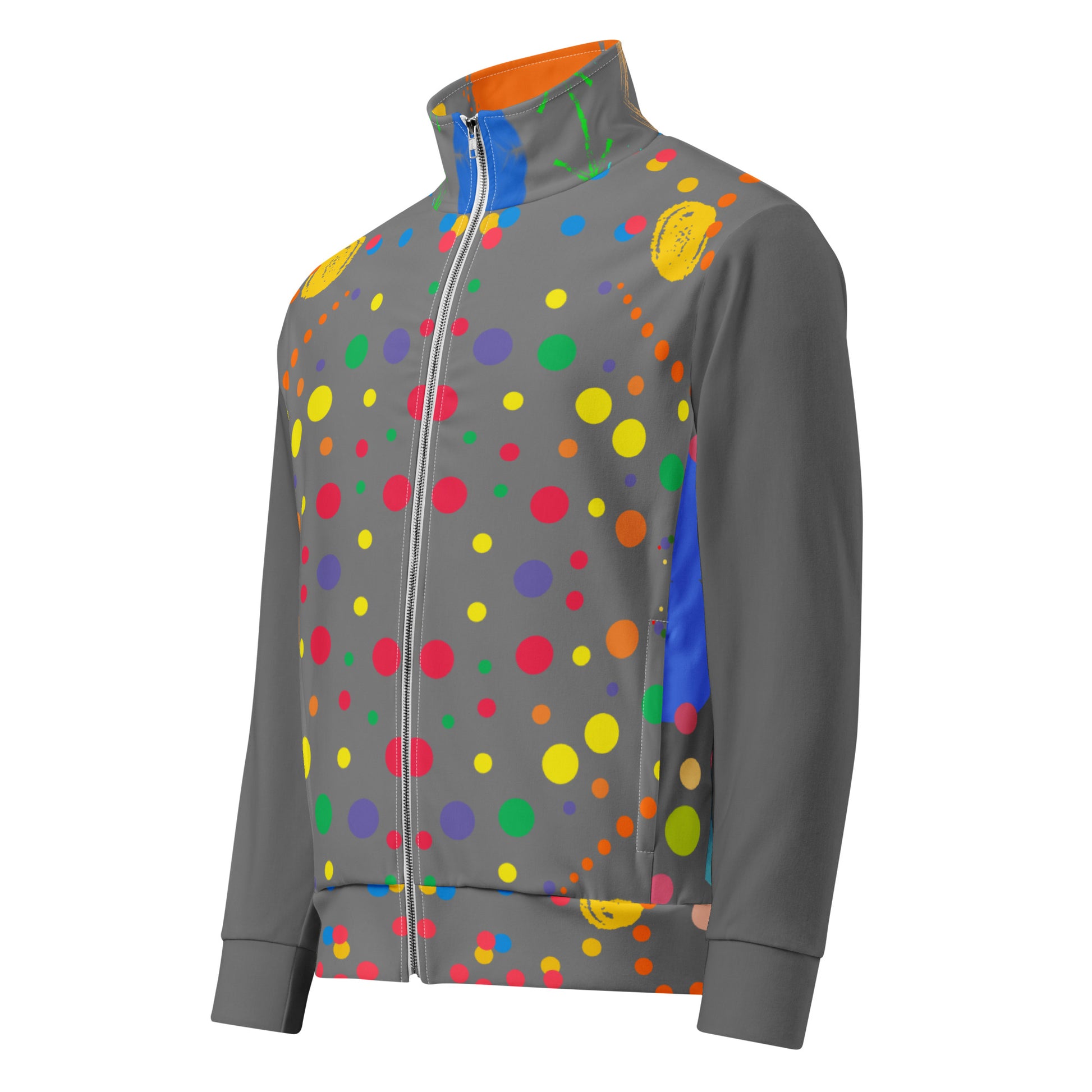 Hipyfi Recycled Unisex Track Jacket with vibrant artistic design, eco-friendly streetwear made from recycled polyester. left-front-4