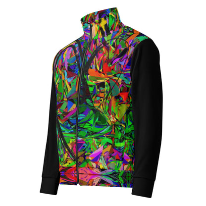 Neon Mythos recycled unisex track jacket with vibrant abstract art print by Hipyfi – colorful eco-friendly streetwear Left-front-4