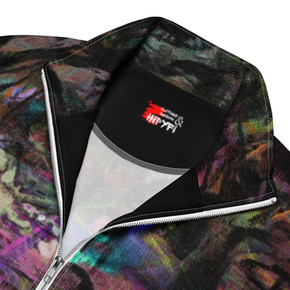 Hipyfi Chromatic Dreams Recycled Unisex Track Jacket with vibrant abstract art print, eco-friendly brushed fleece interior, and premium-quality zippers. product-details-3