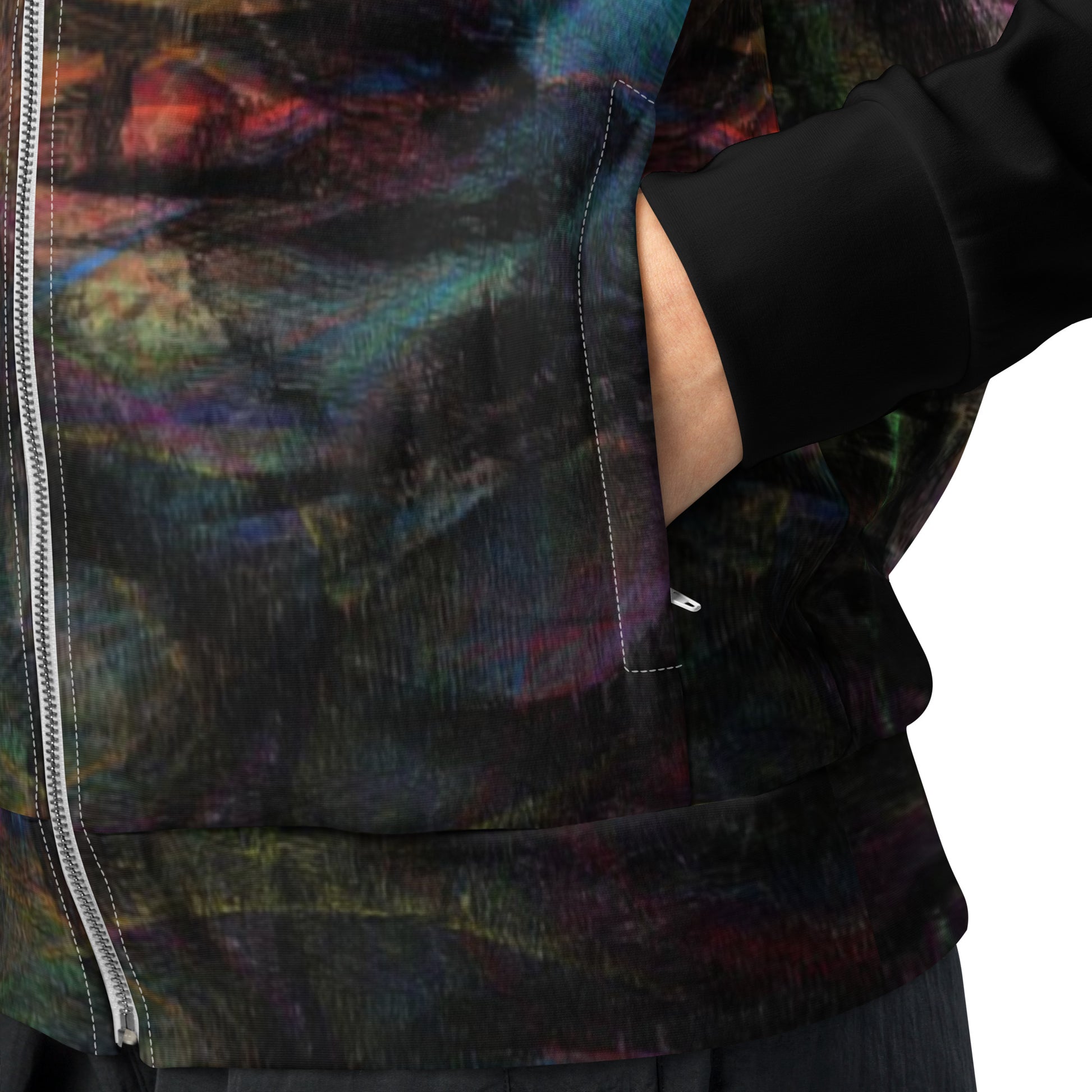 Hipyfi Chromatic Dreams Recycled Unisex Track Jacket with vibrant abstract art print, eco-friendly brushed fleece interior, and premium-quality zippers. product-details