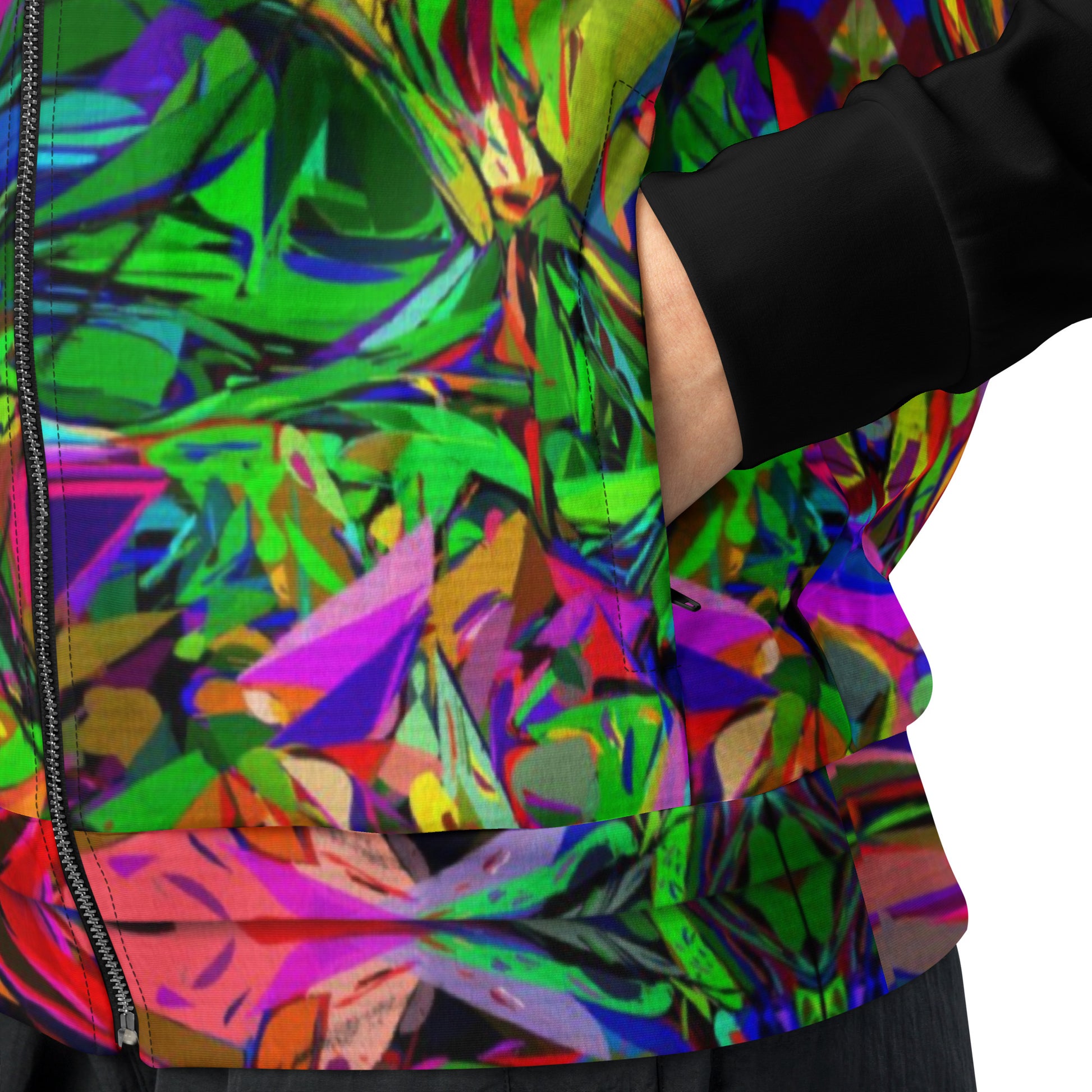 Neon Mythos recycled unisex track jacket with vibrant abstract art print by Hipyfi – colorful eco-friendly streetwear product-details