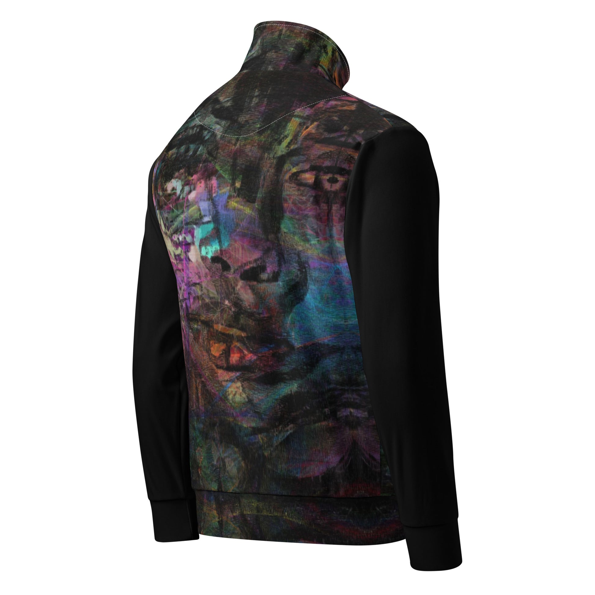 Hipyfi Chromatic Dreams Recycled Unisex Track Jacket with vibrant abstract art print, eco-friendly brushed fleece interior, and premium-quality zippers. right-back
