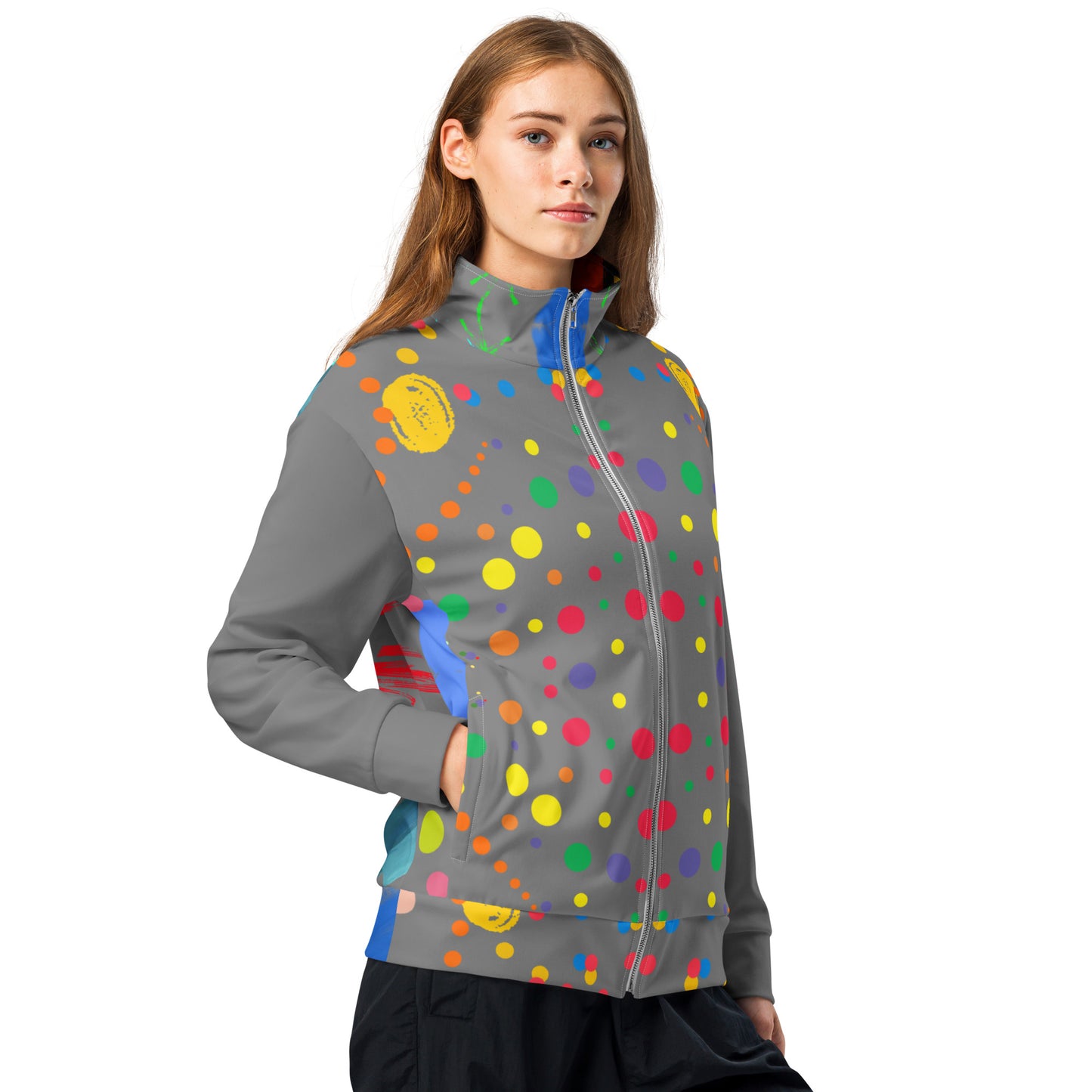 Hipyfi Recycled Unisex Track Jacket with vibrant artistic design, eco-friendly streetwear made from recycled polyester. right-front-3