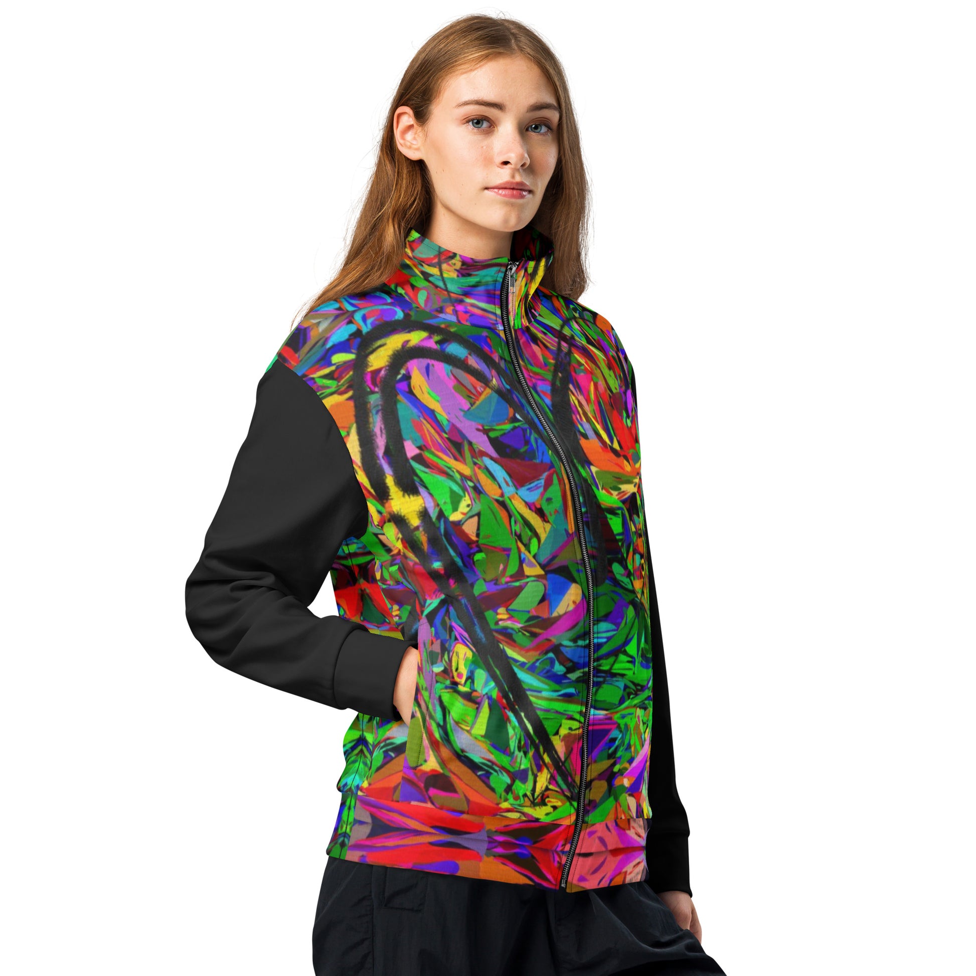 Neon Mythos recycled unisex track jacket with vibrant abstract art print by Hipyfi – colorful eco-friendly streetwear Right-Front-2