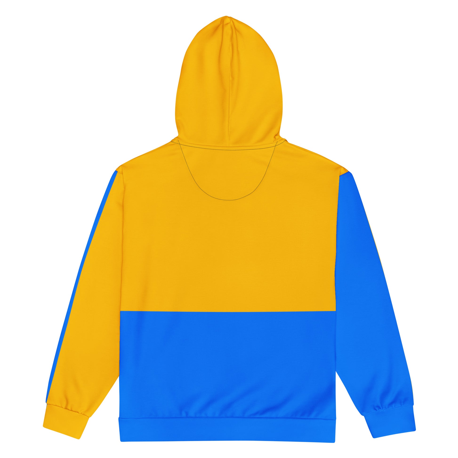 Hipyfi recycled unisex zip hoodie in golden blue color-block design – eco-friendly streetwear. back-6