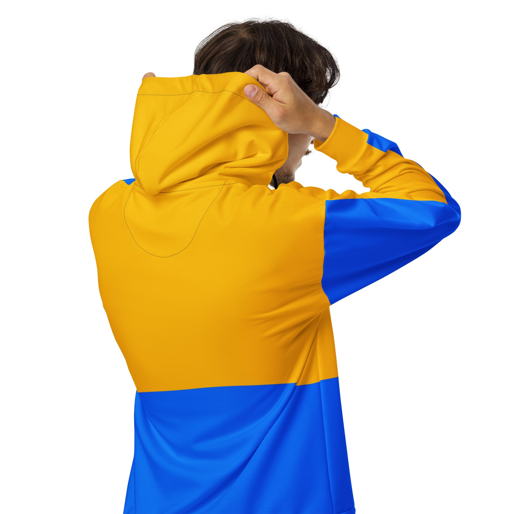 Hipyfi recycled unisex zip hoodie in golden blue color-block design – eco-friendly streetwear. back-4