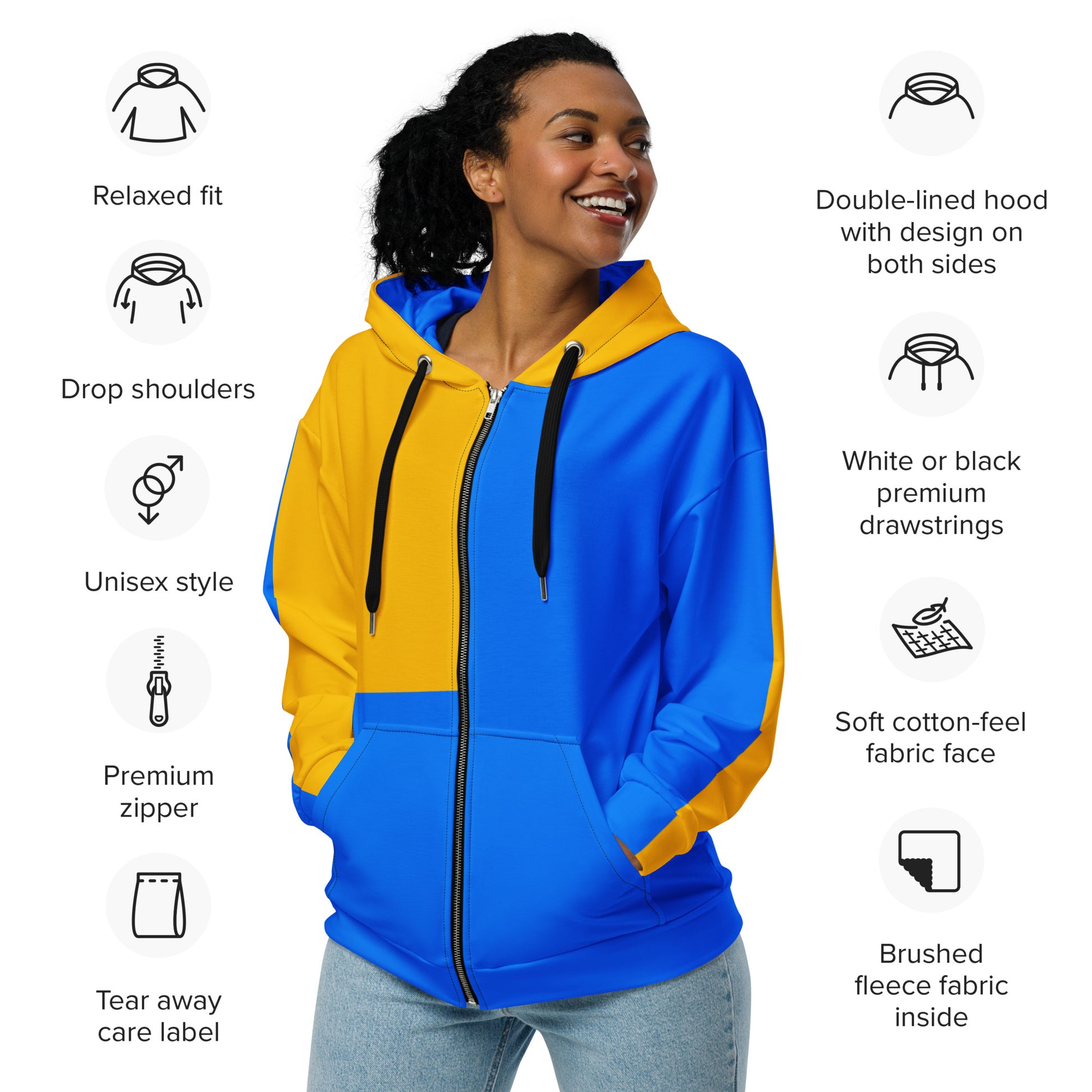 Hipyfi recycled unisex zip hoodie in golden blue color-block design – eco-friendly streetwear. Product-info