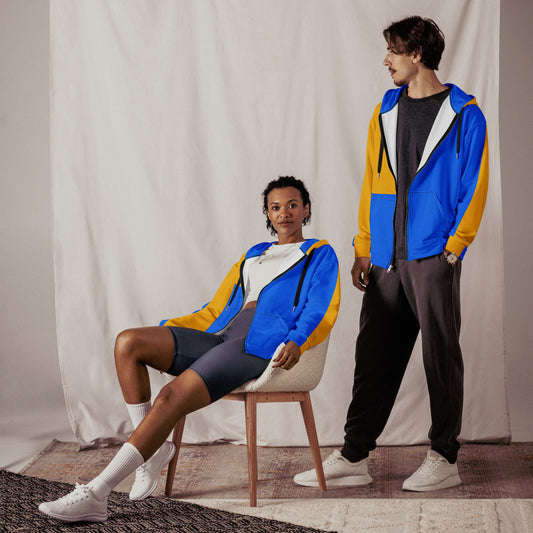 Hipyfi recycled unisex zip hoodie in golden blue color-block design – eco-friendly streetwear. front