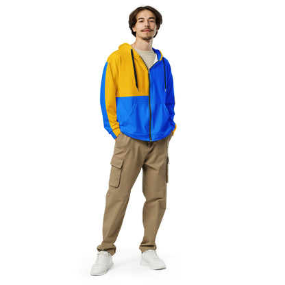Hipyfi recycled unisex zip hoodie in golden blue color-block design – eco-friendly streetwear. front-5