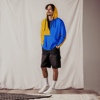 Hipyfi recycled unisex zip hoodie in golden blue color-block design – eco-friendly streetwear. front-2