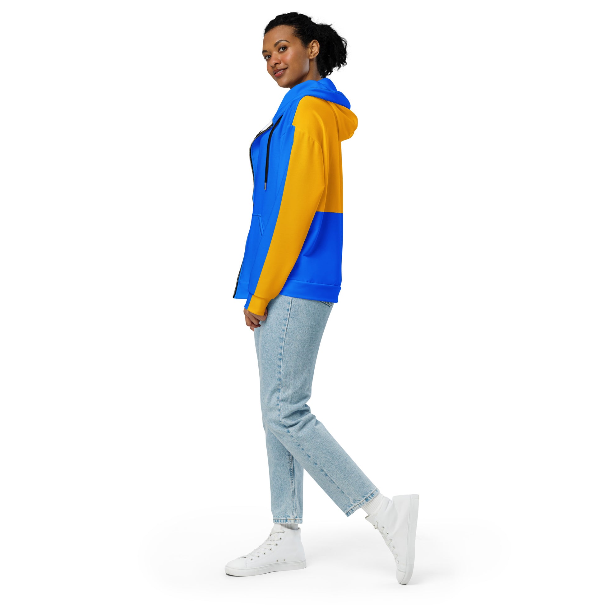 Hipyfi recycled unisex zip hoodie in golden blue color-block design – eco-friendly streetwear. left