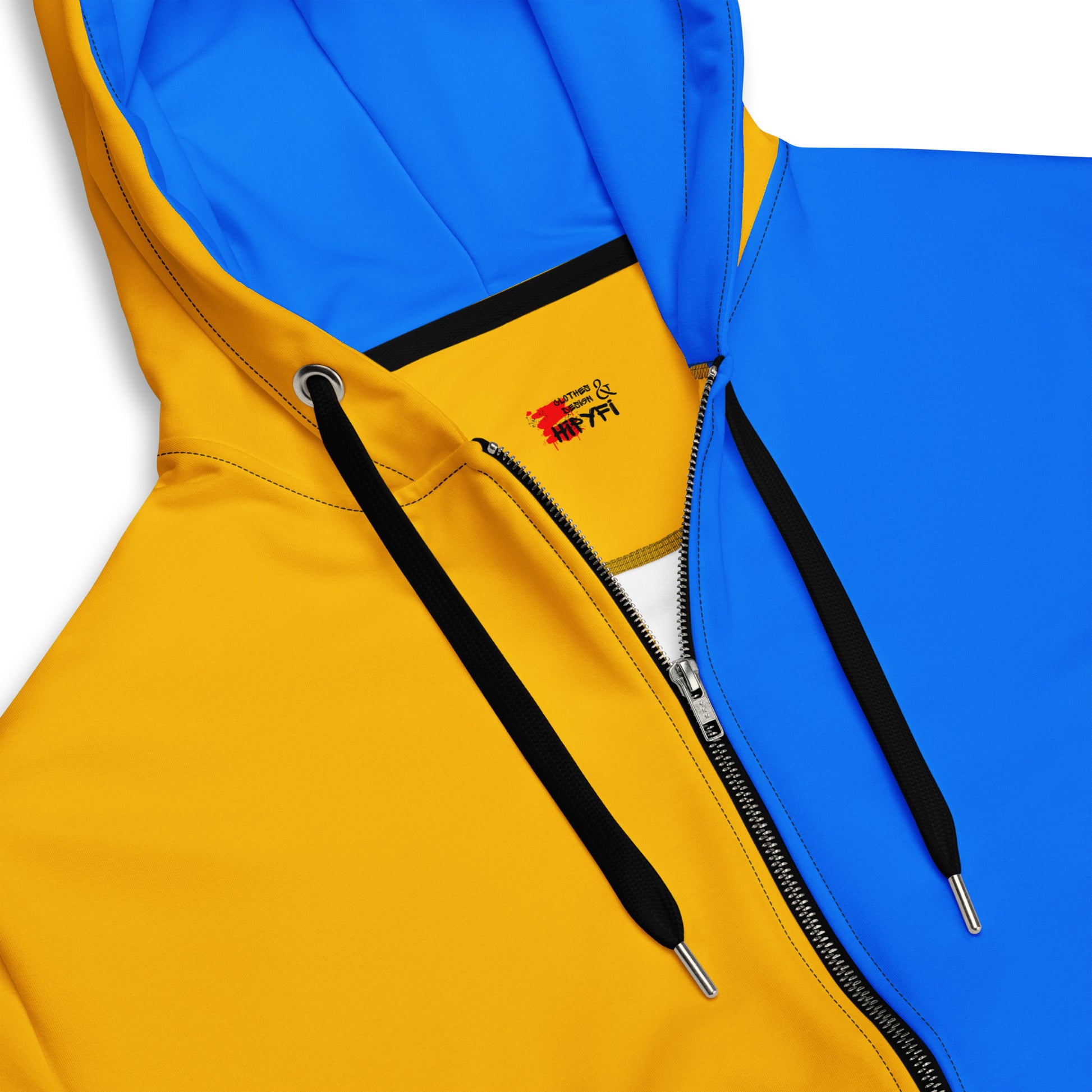 Hipyfi recycled unisex zip hoodie in golden blue color-block design – eco-friendly streetwear. product-details