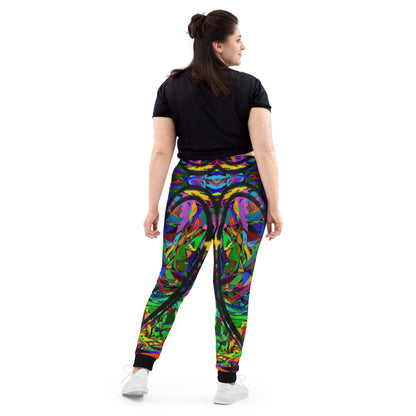 Eco-friendly women’s joggers with vibrant abstract neon print – Neon Mythos design by Hipyfi Clothes & Design Back-2