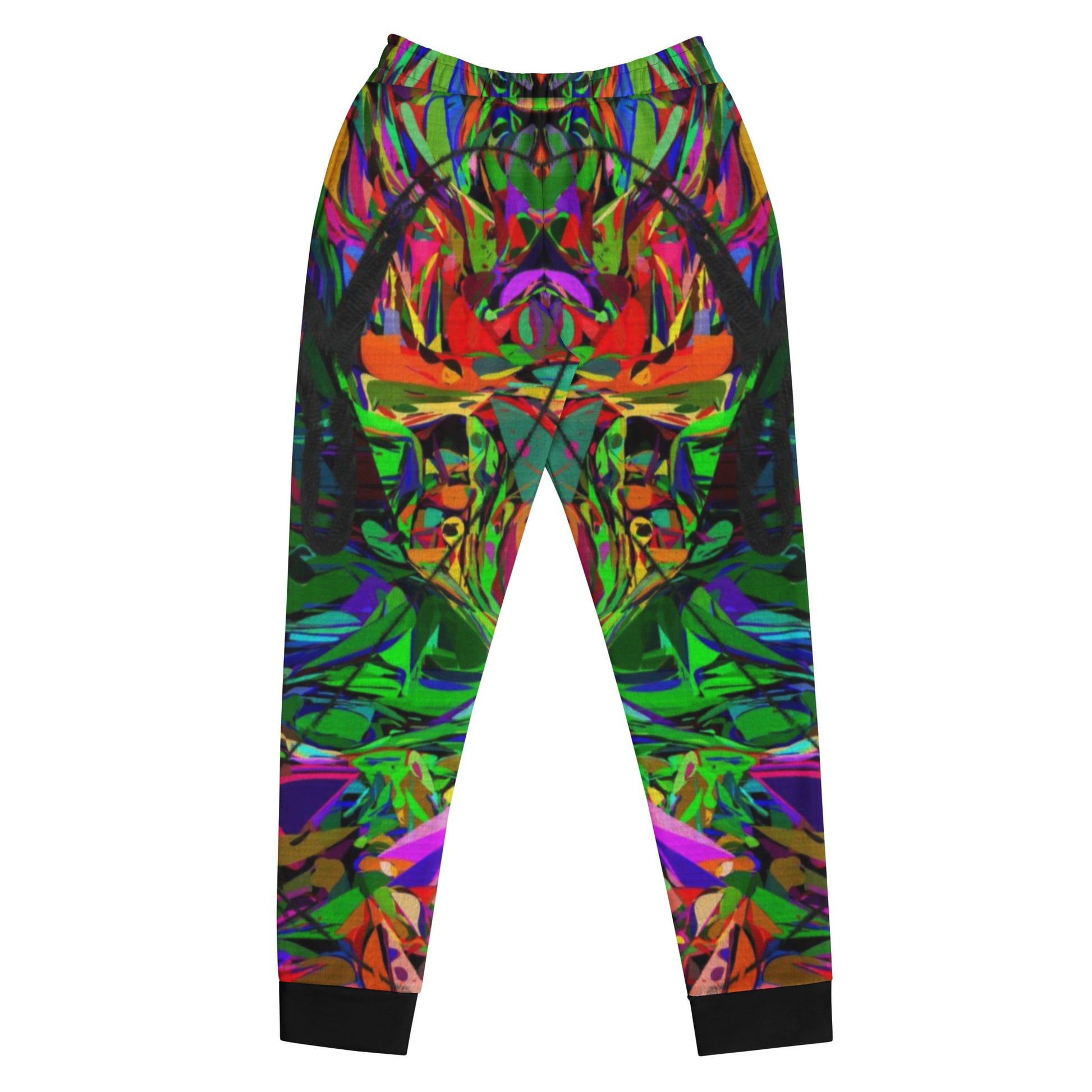 Eco-friendly women’s joggers with vibrant abstract neon print – Neon Mythos design by Hipyfi Clothes & Design Front-4
