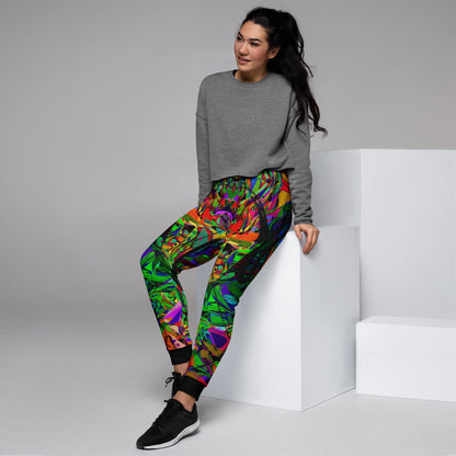 Eco-friendly women’s joggers with vibrant abstract neon print – Neon Mythos design by Hipyfi Clothes & Design Left