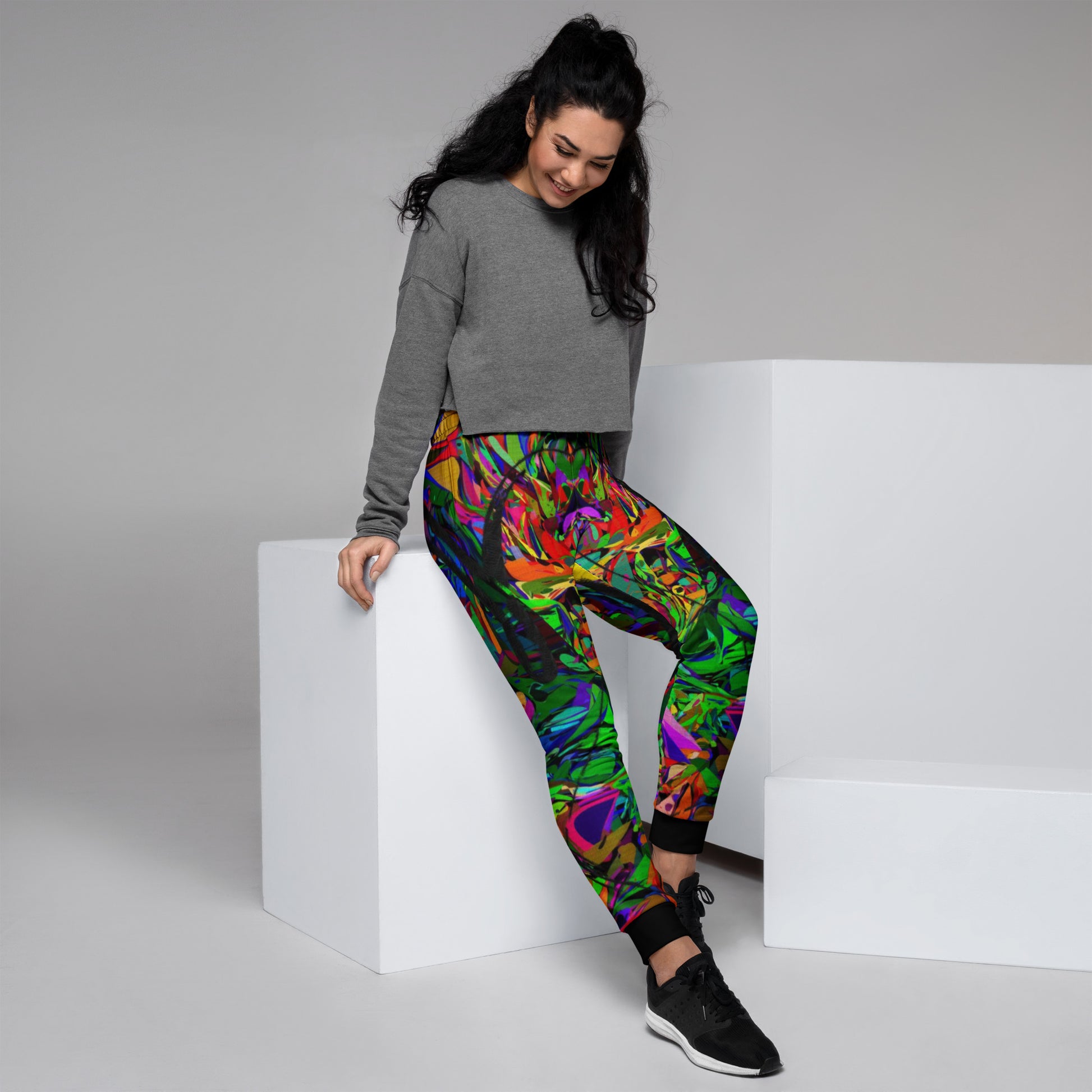 Eco-friendly women’s joggers with vibrant abstract neon print – Neon Mythos design by Hipyfi Clothes & Design Right