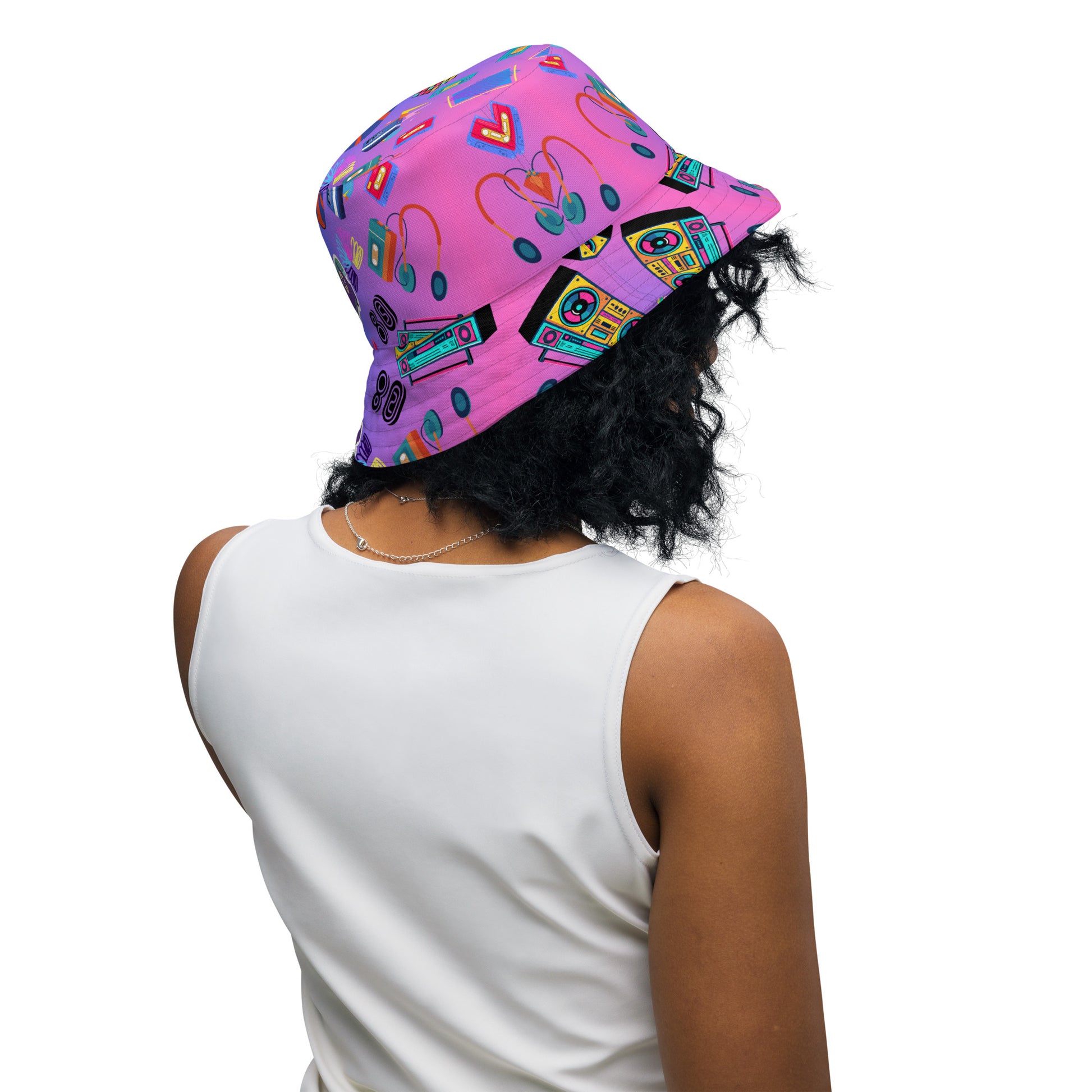 Reversible retro bucket hat with 80s pattern and gradient design by Hipyfi Clothes & Design back-outside-2