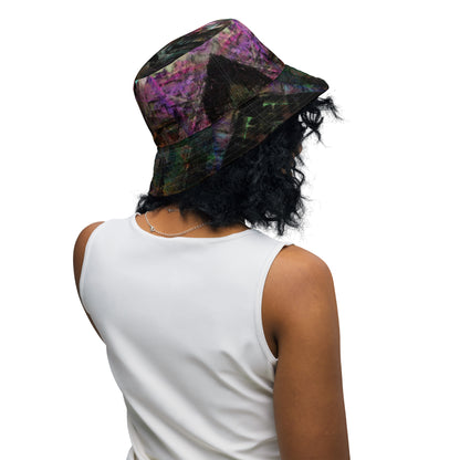 Hipyfi Chromatic Dreams Reversible Bucket Hat: Vibrant modern art print, unisex design. Lightweight & breathable for festivals. girl back-outside