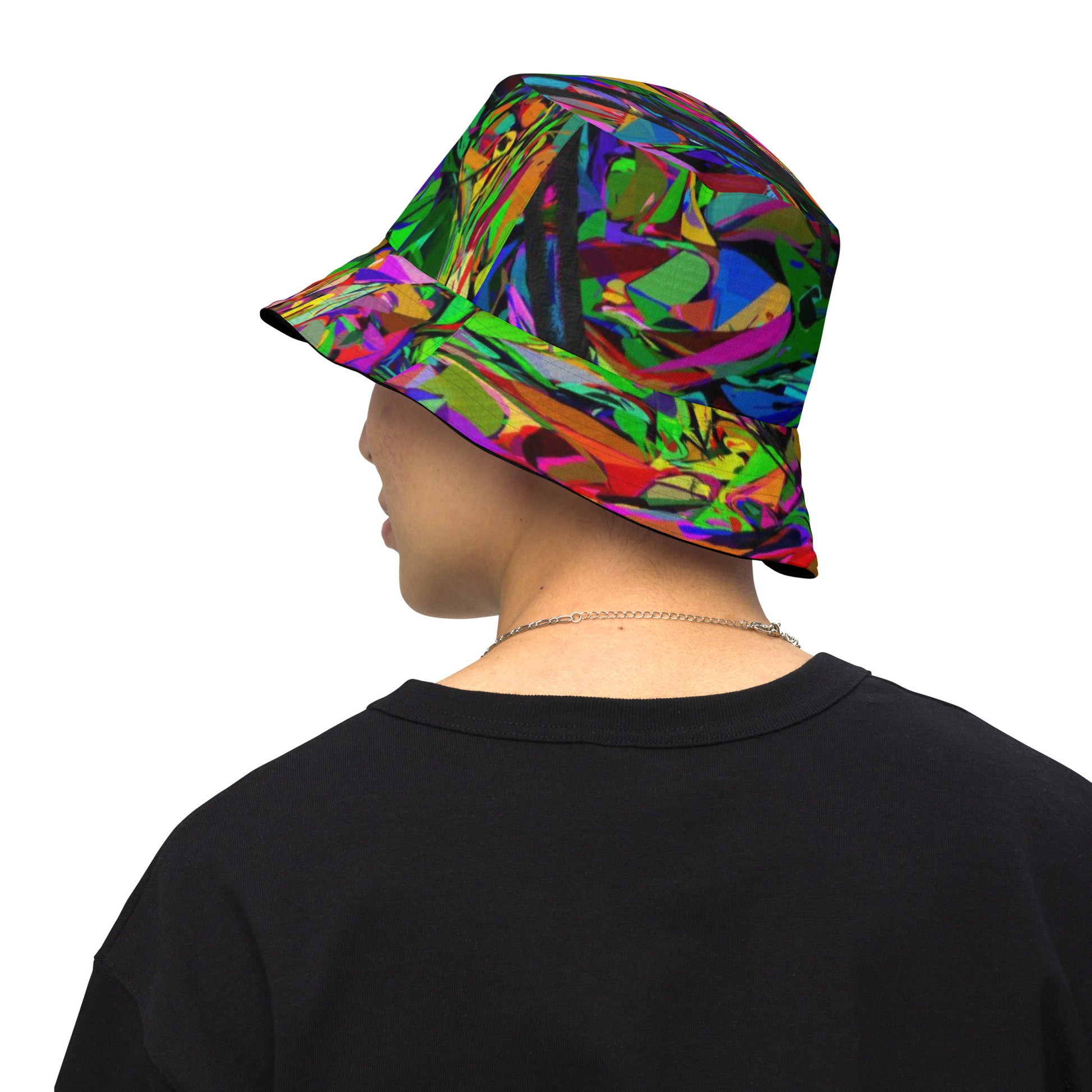 Neon Mythos reversible bucket hat with abstract multicolor streetwear design, unisex fit by Hipyfi Clothes & Design. back-outside