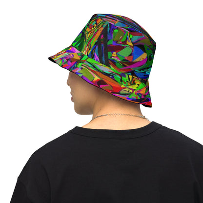 Neon Mythos reversible bucket hat with abstract multicolor streetwear design, unisex fit by Hipyfi Clothes & Design. back-outside