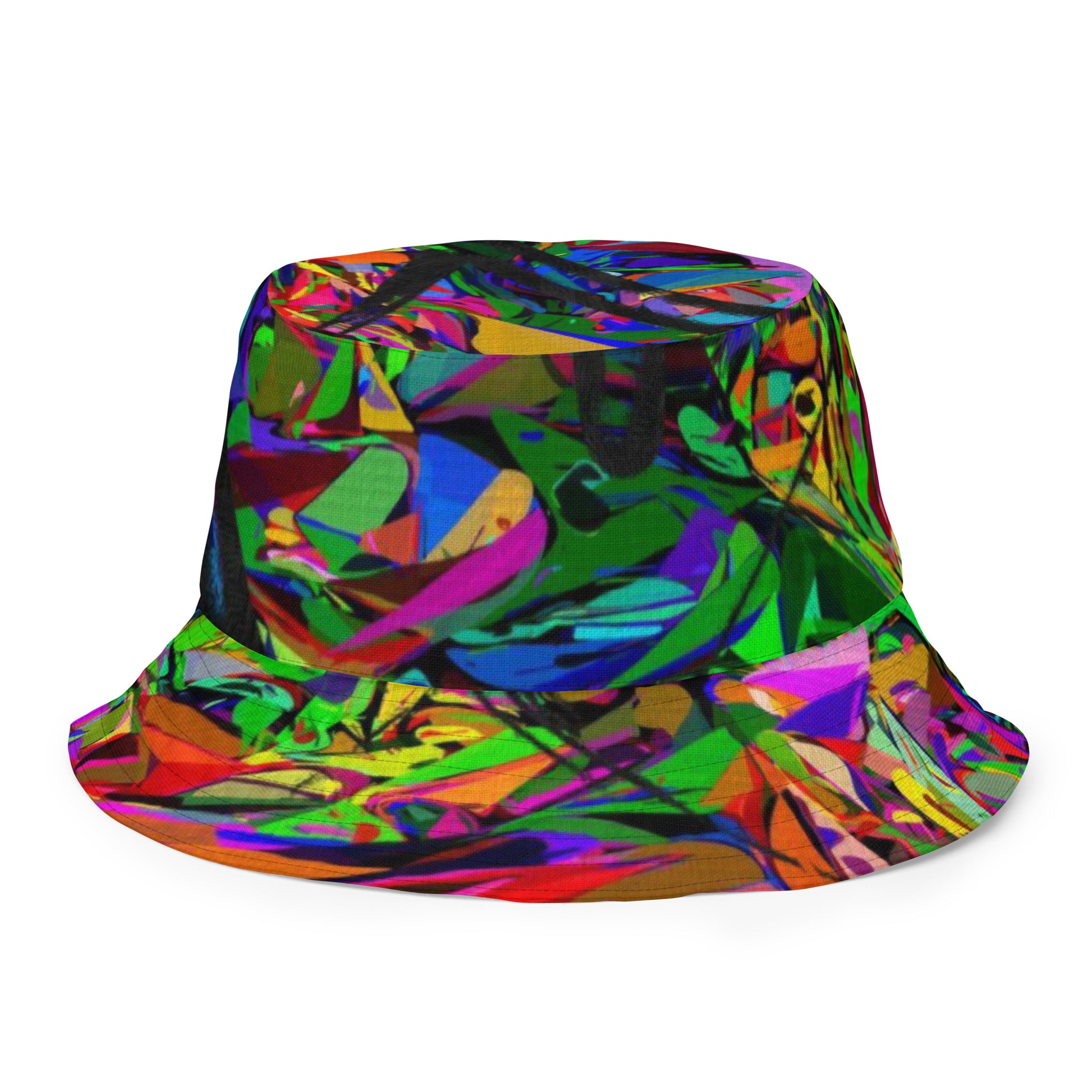 Neon Mythos reversible bucket hat with abstract multicolor streetwear design, unisex fit by Hipyfi Clothes & Design. back-outside