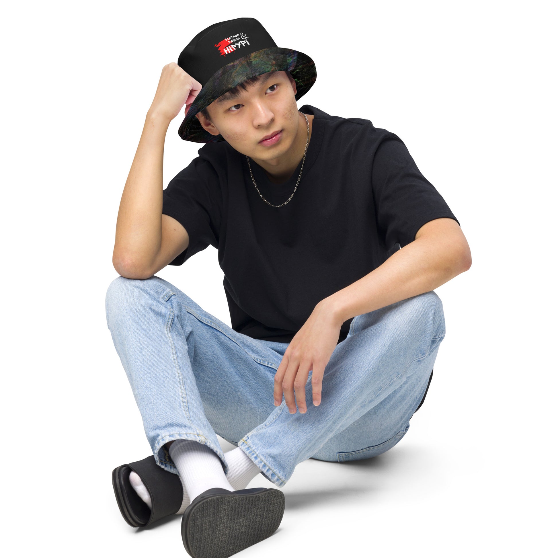Hipyfi Chromatic Dreams Reversible Bucket Hat: Vibrant modern art print, unisex design. Lightweight & breathable for festivals. men front-2-inside